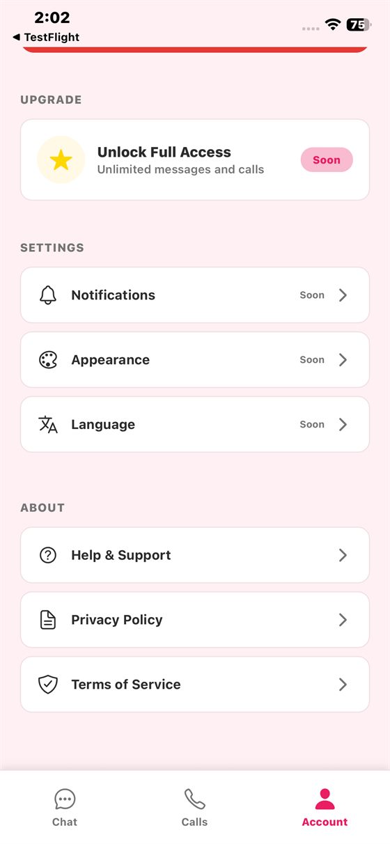 Account settings, upgrade path and the legal screens required for store review.