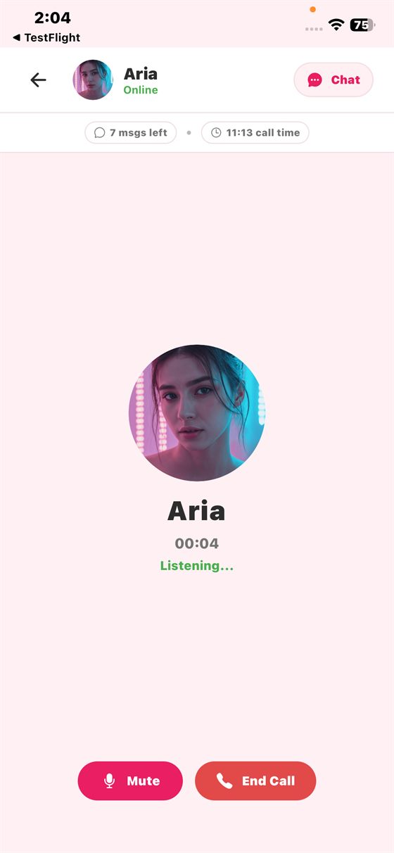 Each companion re-themes the call screen with its own avatar and accent colour.