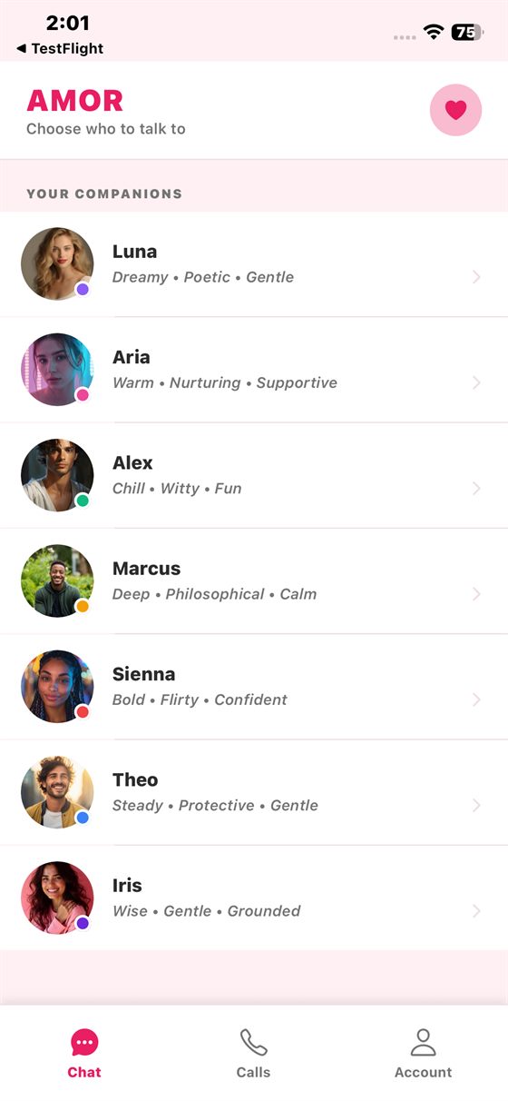 Seven AI personalities, each with its own voice, character and accent colour.