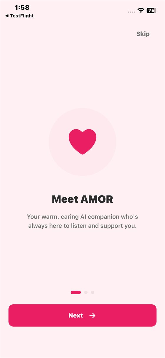 The onboarding carousel introduces the companion before any account is required.