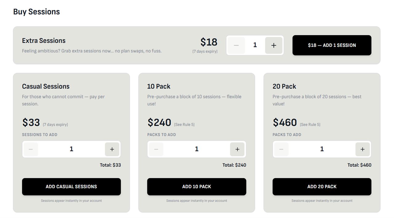 Session packs and casual sessions. The browser sends only a plan code — the price is always looked up server-side.
