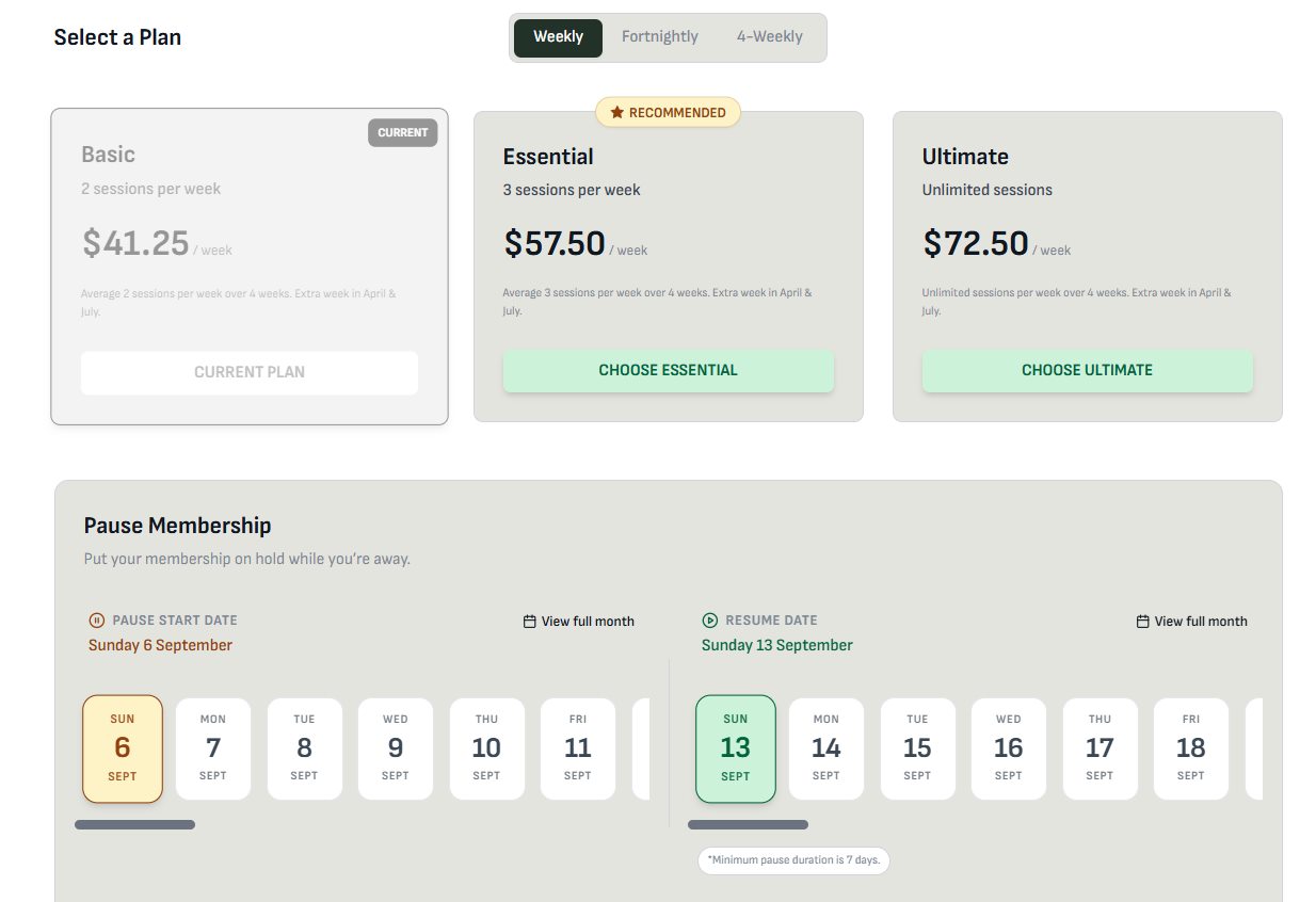Plan selection across weekly, fortnightly and 4-weekly billing, with self-service membership pausing.