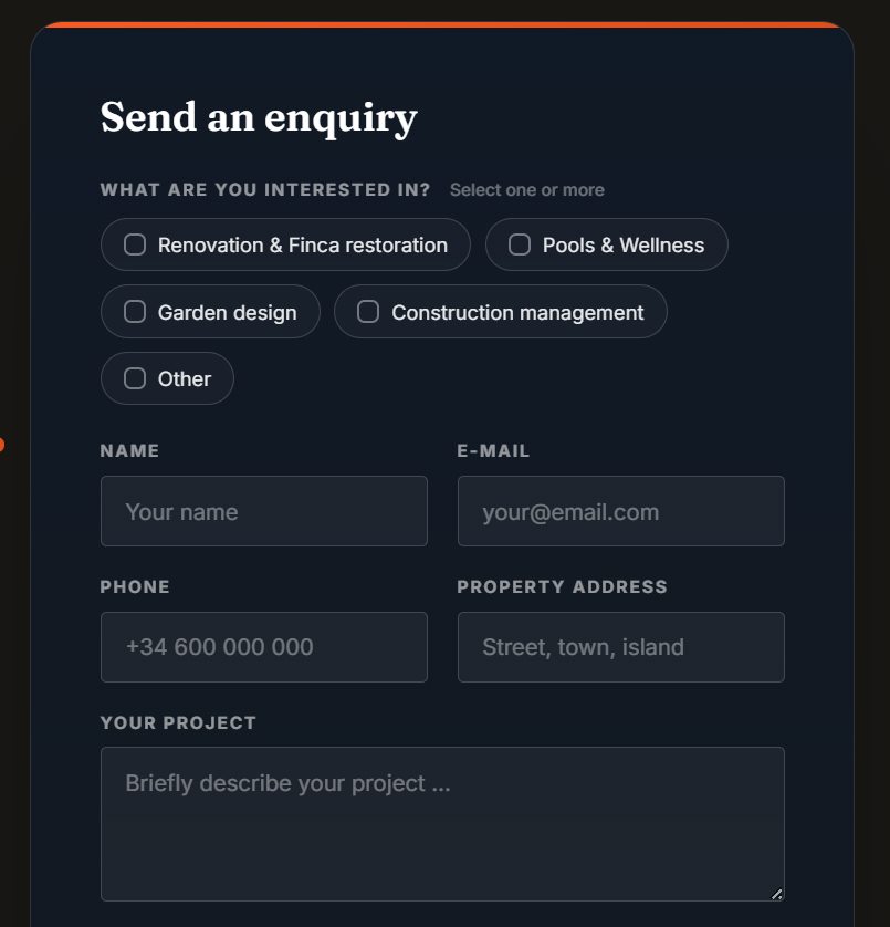 The enquiry form: service-selection chips submit language-neutral values, so the backend gets consistent data in any language.