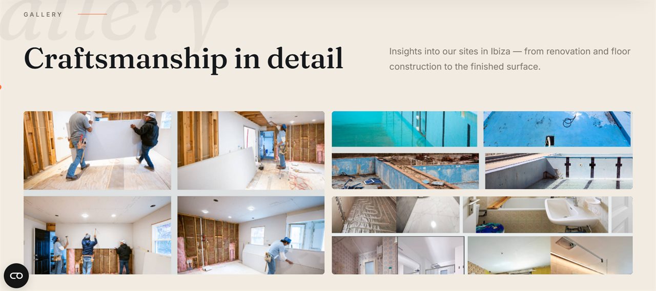 A craftsmanship gallery showing sites in Ibiza from renovation through to finished surface.