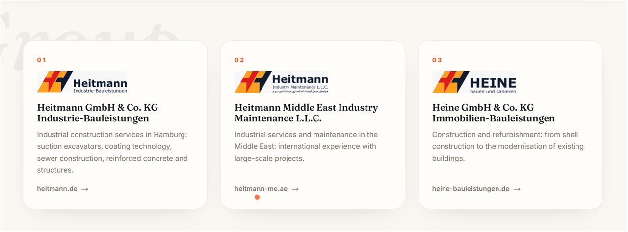 The Heitmann Group section, linking the Ibiza company to its sister businesses in Hamburg and the Middle East.