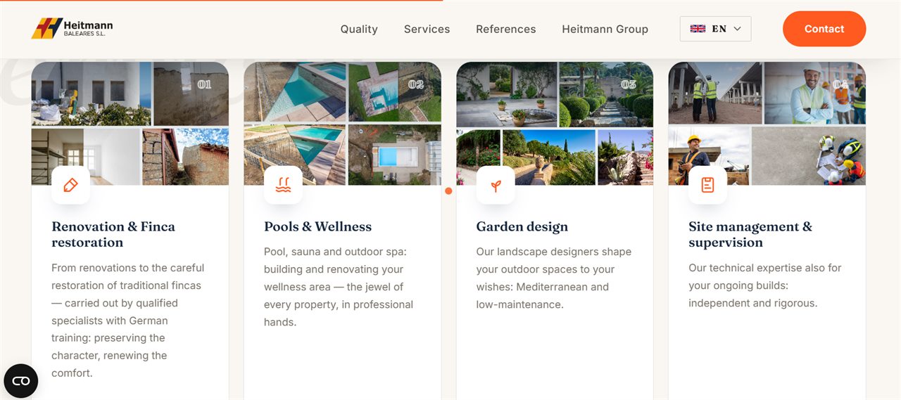 The service cards — renovation, pools, garden design and site supervision.