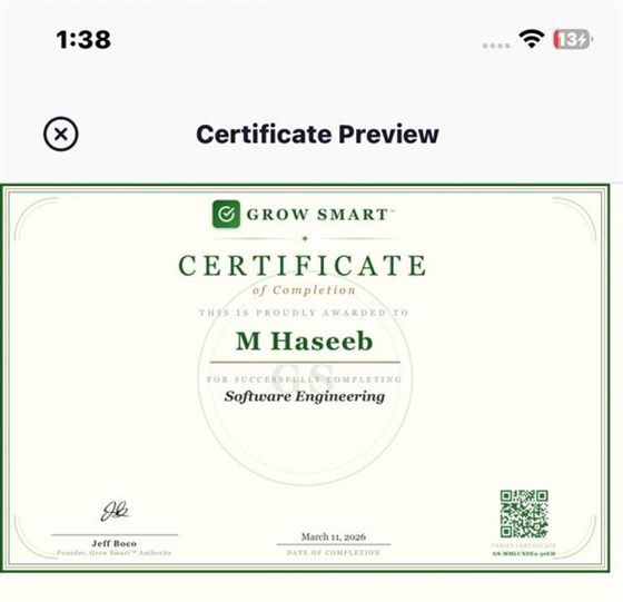 The generated certificate — rendered from an HTML template and exported to PDF on-device, with a unique ID and verification QR code.