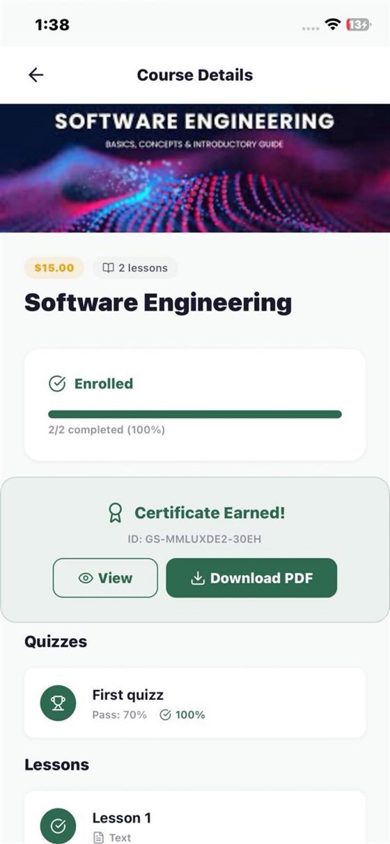 A completed course: progress bar, earned certificate with its verification ID, quizzes and lessons.