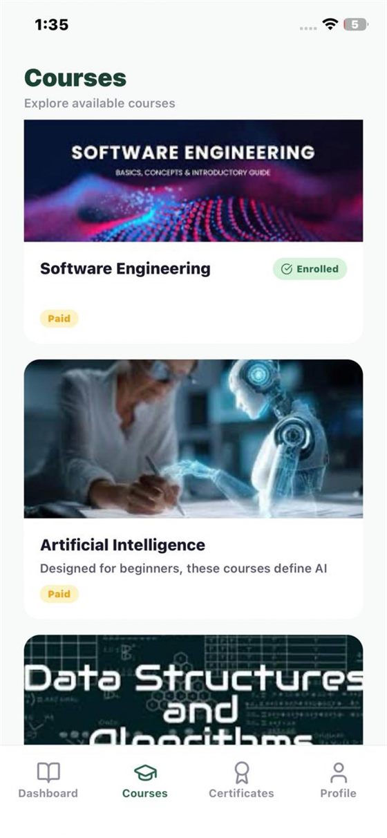 The catalog, with free and paid badges and enrollment state shown per course.