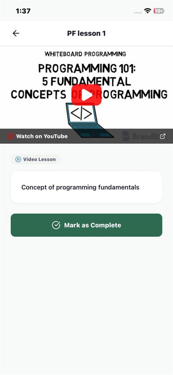 A video lesson played through a WebView, with mark-as-complete progress tracking.