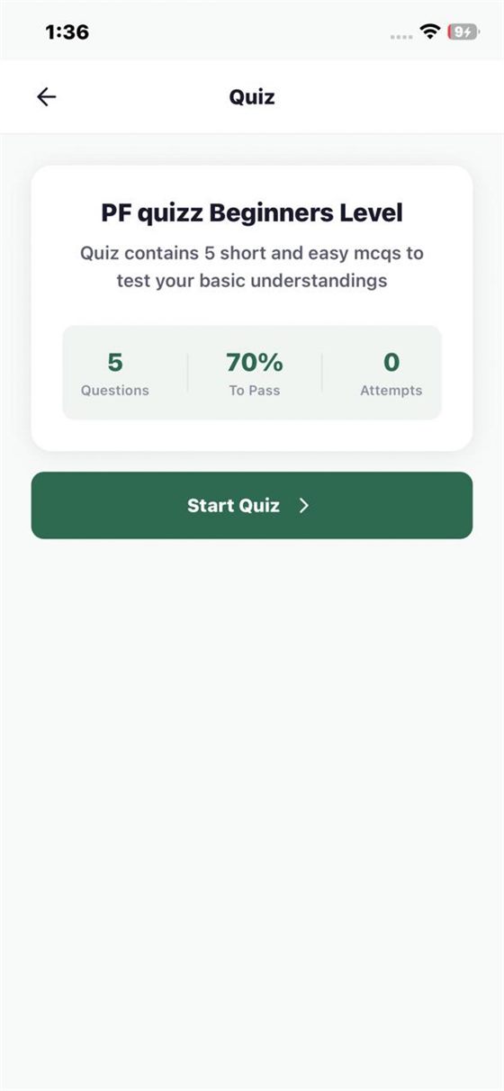 Each quiz declares its question count, passing score and the learner’s attempts so far.
