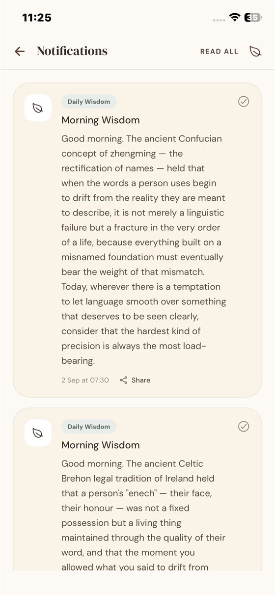 Daily wisdom arrives as a push notification and stays in a browsable list.