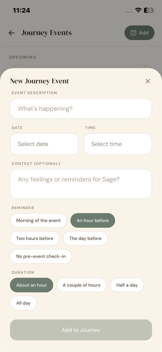 Log what is coming up and choose when Sage checks in — before and after.