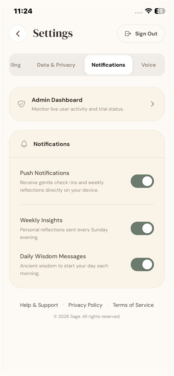 Granular push controls, alongside the client’s admin dashboard entry point.