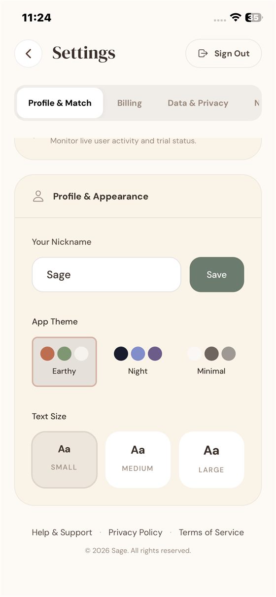 Three themes and three text sizes, matching the web product exactly.