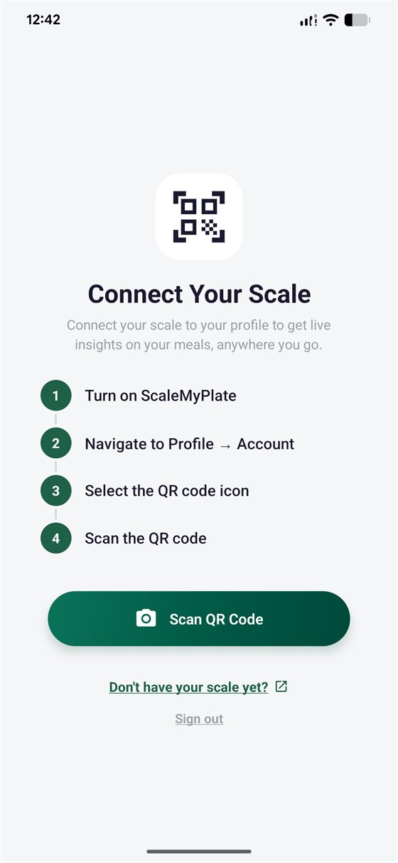 A four-step QR flow links a phone to a physical scale.