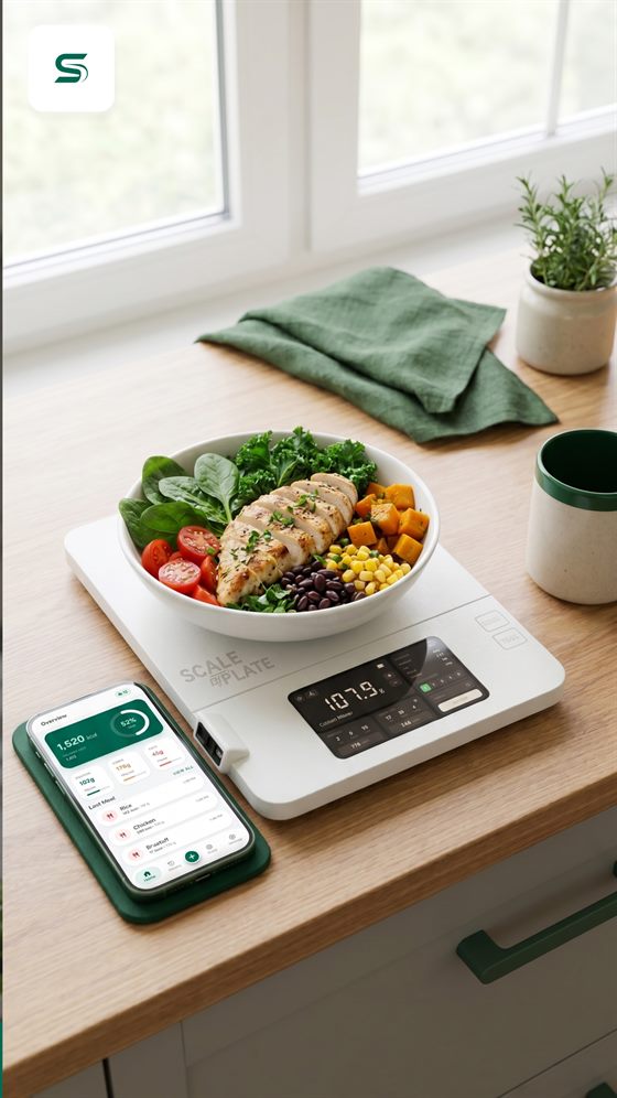 Weighing in progress: the scale reads the portion and the app reflects it.