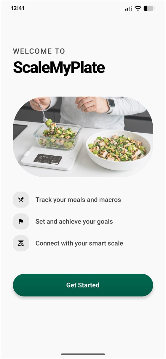 Guided onboarding introduces meal tracking, goals and scale pairing.