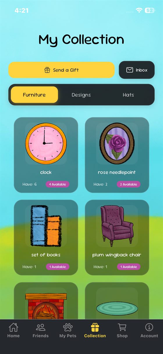 Owned furniture, with spares tracked separately so they can be gifted.