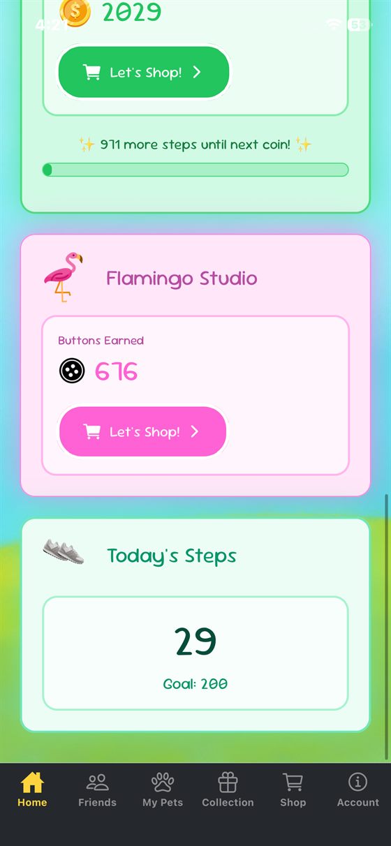 Two earned currencies, and the day's step count against the goal.
