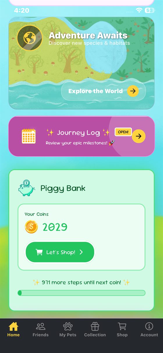 Coins accumulate as steps are logged, with the next one always in sight.