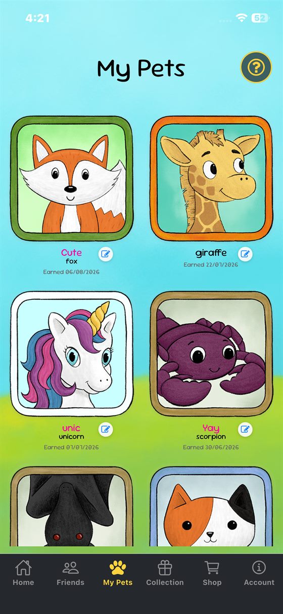 The reward for walking: a growing roster of animals, each stamped with the day it was earned.