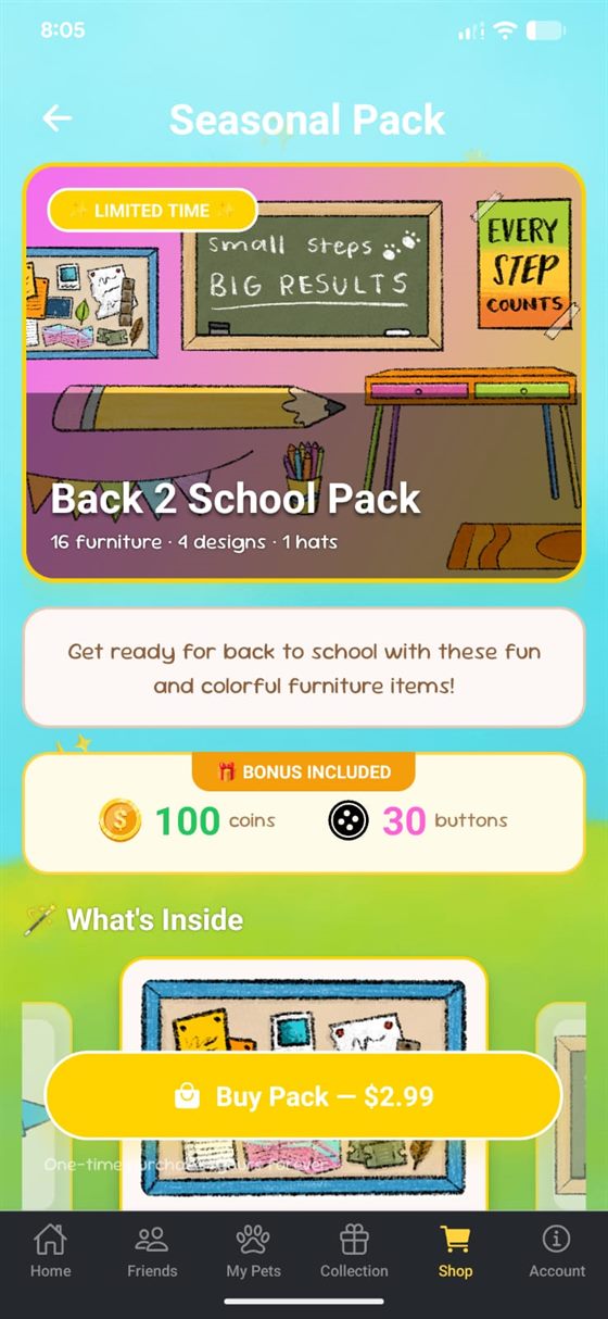 Monthly Seasonal Packs are a real in-app purchase, fulfilled server-side by a RevenueCat webhook.