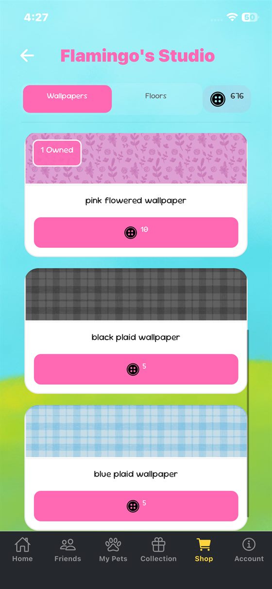 Flamingo's Studio sells wallpapers and floors for the second currency.
