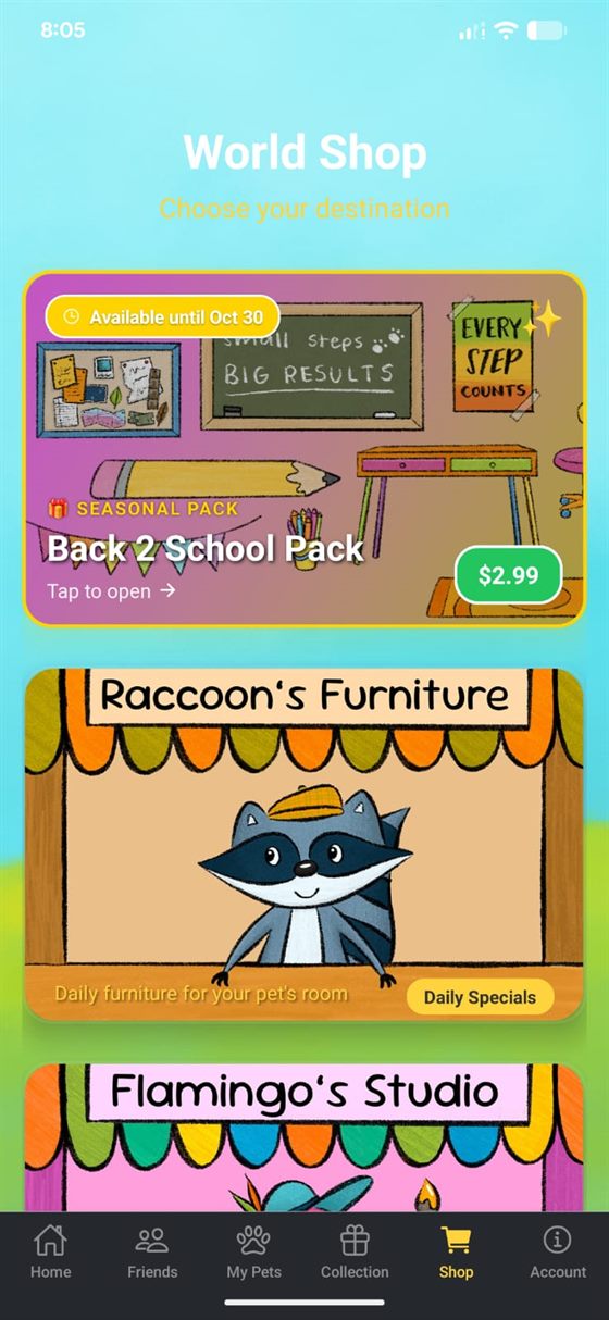 The shop hub: daily furniture, the design studio, and the current Seasonal Pack.