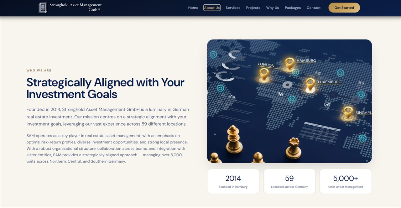 The About page pairs the company story with counters for founding year, locations and units under management.