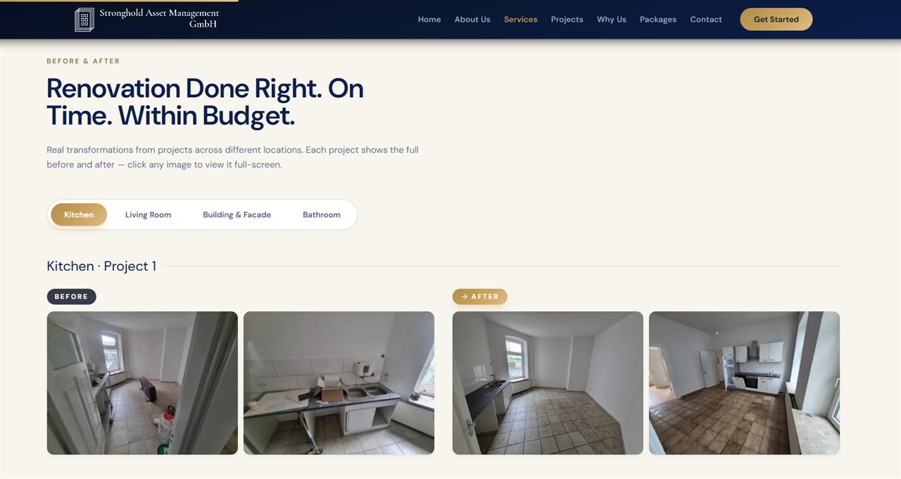 The renovation gallery: real before/after pairs, filtered by room, each opening full-screen.