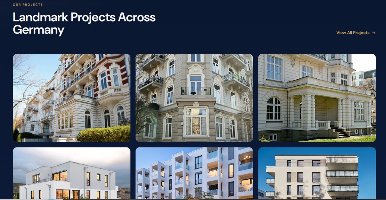 Landmark projects across Germany, cropped from the client’s own property photography.